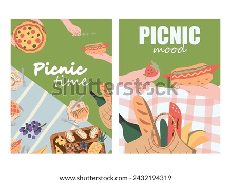two posters Picnic in the park. Basket of delicious food fruits, vegetables, pies, buns, pizza. Cards. Background space for text. View from above. Flat design style. Vector illustration