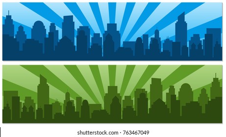 Two posters with sunrise and modern silhouette city in Pop art style. Comics book design background. Vector illustration retro style