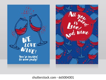 Two posters for wine party, can be used as menu cover for wine bar, blue and red colors, vector illustration