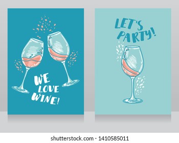 Two posters for wine party with wine glasses in sketch style, can be used for wine list, vector illustration