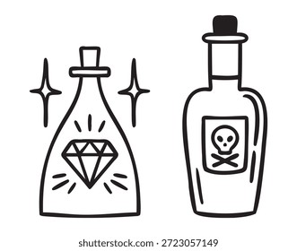 Dos botellas de poción, un veneno y un buen elixir, boho místico, dibujado a mano, arte de línea monocromo, contorno de contorno. Ilustración vectorial.