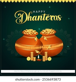 two pots filled with gold coins stacks of coins, and a lit diya The dark green background with a decorative pattern and the elegant HAPPY DHANTERAS text create a festive atmosphere