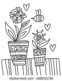Two pots with flower coloring book for adults vector illustration. Anti-stress coloring for adult in Zentangle style. Black and white lines and Lace pattern. Spring flowers on a windowsill with bees.