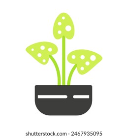 Two pots of flowers for office or home decor, black and green line icon vector illustration