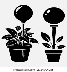 Dos plantas en macetas con luces solares, una con flores y otra sin ellas, en ilustración en blanco y negro.