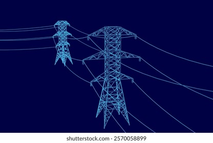 Two power lines with a blue pole in the middle. The power lines are blue, and they are positioned at different heights