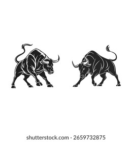 Two powerful bulls facing each other in a dynamic silhouette, ready to charge. 