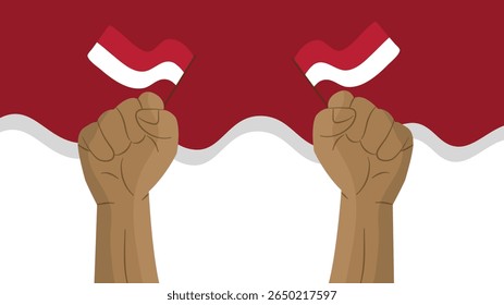 Dois poderosos punhos erguidos orgulhosamente segurando bandeiras da Indonésia comemorando o Dia da Independência
