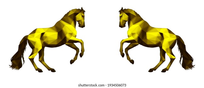 two prancing horses opposite each other, vector-isolated image on a white background in the style of low Poly