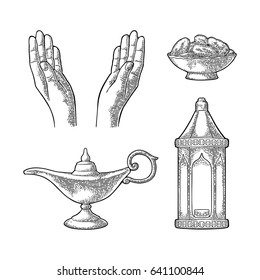 Two Praying Hands, arabic hanging lamp with chain, Aladdin magic lamp and dates fruit in the bowl. For poster Ramadan kareem. Vector black vintage engraving illustration isolated on white background