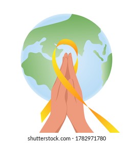 Dos manos rezando con cinta amarilla y el mundo detrás. Un símbolo de suicidio y cáncer infantil. Ilustración vectorial colorida aislada en fondo blanco