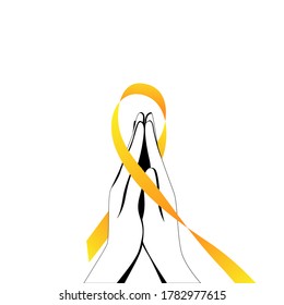  Dos manos rezando con cinta amarilla. Un símbolo de suicidio y cáncer infantil. Ilustración vectorial en blanco y negro aislada en fondo blanco con espacio de copia.