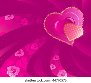 two precious pink hearts on a pink background decorated by flexible ribbons with a pattern from roses