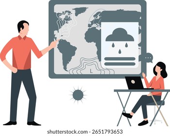 Dois preditores se envolvem em uma discussão animada sobre o tempo, debatendo previsões, tendências climáticas e padrões atmosféricos.
