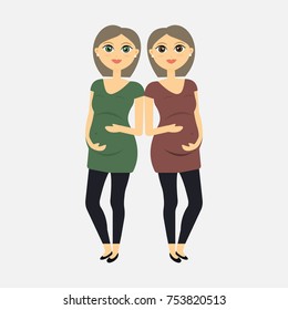 Two pregnant girls are twins. With dark hair.Image on a white background. Vector illustration.