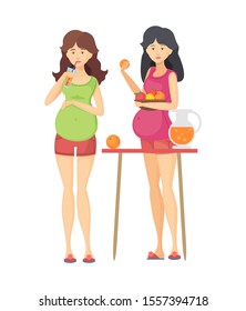 Two pregnant woman drinks juice in glass and eat oranges. Concept of motherhood, healthy eating and healthy life cartoon vector