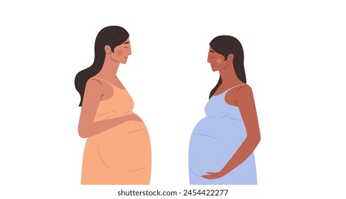 Two pregnant woman holds her belly isolated on white background. Future moms.  Maternity illustration. 