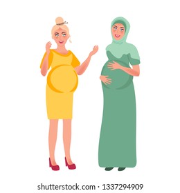 Two pregnant women of Arab and European appearance. Expectant mothers waiting for the baby. Vector illustration of pregnancy