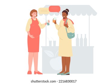 Two pregnant women are chatting and drinking fresh fruit juice. Healthy food concept during pregnancy. Isolated vector illustration	