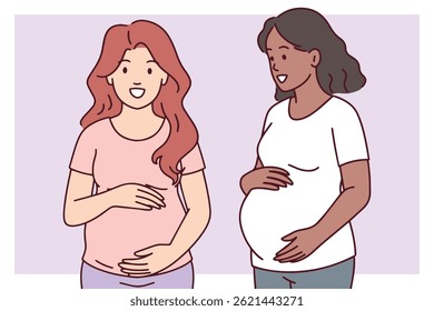 Two pregnant women of different skin tones stand side by side holding their bellies, sharing a moment of support and connection