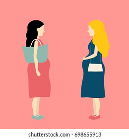 Two pregnant women discussing pregnancy. The joy of motherhood. Vector illustration
