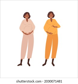 Two pregnant women. Happy and unhappy pregnant women. Pregnant woman with different emotions. One happy smiling waiting for baby. Second suffers from pain, fear, unknown. Ladies in motherhood