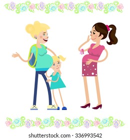 Two pregnant women talking excitedly to share the news. The child grabbed his mother's hands. Light floral ornament.