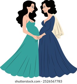 two pregnant women wearing wedding dresses happily