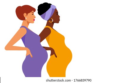 Two pregnant women. Young beautiful multi-ethnic women. Expecting a baby. Different color of skin, diversity in society. Modern vector illustration with copy space.