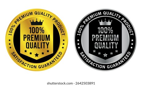 Two premium quality product seals in gold and silver with crown icon and satisfaction guaranteed message	
