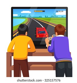 Two preschool kids playing video games together too close to tv screen. Gaming addiction concept. Flat style vector illustration isolated on white background.