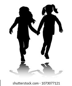 two preschooler girls holding hands and running silhouettes - vector