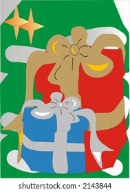 Two presents near Christmas tree. Background or greeting.