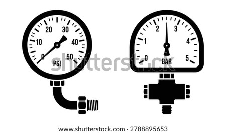two pressure gauges shown as black silhouettes against a white background, featuring psi and bar units with dials and numerical scales.