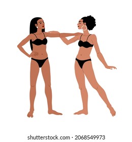 Dos bonitas modelos de morena posan en lencería negra. Ropa interior moderna. Las amigas se saludan. Ilustración del vector de color aislada sobre un fondo blanco en estilo de dibujos animados y diseño plano.