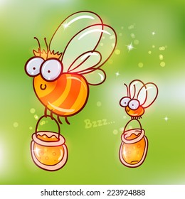 Two pretty cartoon bees with buckets of honey