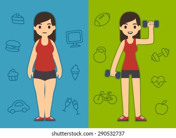 Two pretty cartoon girls wearing the same sport clothes, one chubby and the other skinny. Background symbolizes different lifestyles: unhealthy and active.