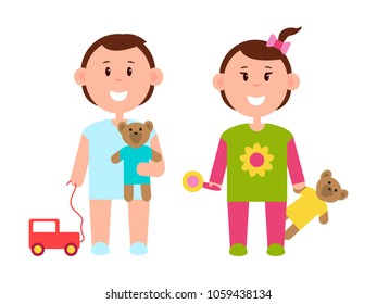 Two pretty children with various toys color banner, white backdrop, bright blue suit, cute teddy bears, red car, flower on blouse, vector illustration