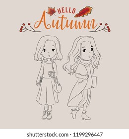 Two Pretty Girls in Casual Autumn Apparel in Outline Vector Style