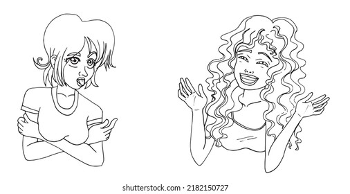 Two pretty girls chatting casually. Vector illustration isolated on white background.