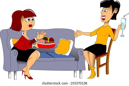 Two pretty girls eating pizza and chatting at a cafe