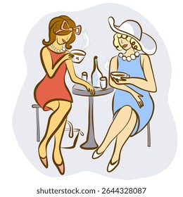 Two pretty girls friends drinking coffee. Girl with elegant hat, red and blue dress. Hand drawn vector clip art, cards.