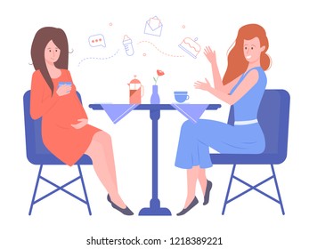 Two pretty girls friends are sitting in a cafe. One is preparing to become a mother, pregnant. Drink tea, talk, support each other. Community of mummies, female friendship, pleasant leisure.