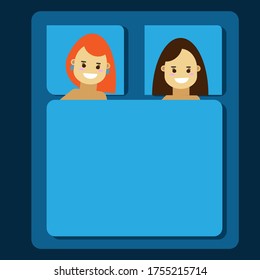 Dos bonitas chicas están tendidas bajo una manta. Caricatura. Ilustración plana del vector