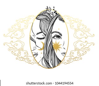 Two pretty girls with moon and sun on their faces. Vector hand drawn illustration