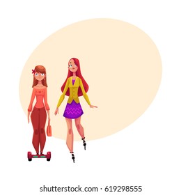 Two pretty girls, women, one roller skating, another riding gyro scooter, personal urban transport, cartoon vector illustration with space for text. Girls riding push scooter, roller skating