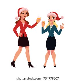 Two pretty girls, women in Santa hats drinking champagne, dancing at corporate Christmas party, cartoon vector illustration isolated on white background. Women, girls, colleagues celebrating Christmas