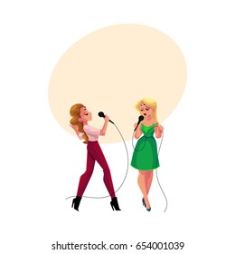 Two pretty girls, women singing together, karaoke party, contest, competition, cartoon vector illustration with space for text. Full length portrait of two karaoke singers singing together
