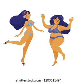 Two pretty happy women dancing in bikini - slim and plus size, body positive concept, flat vector illustration isolated on white background. Two different women dancing happily - slim and overweight