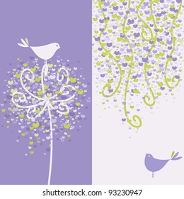 Two pretty love birds and flowery branches. Vector illustration.